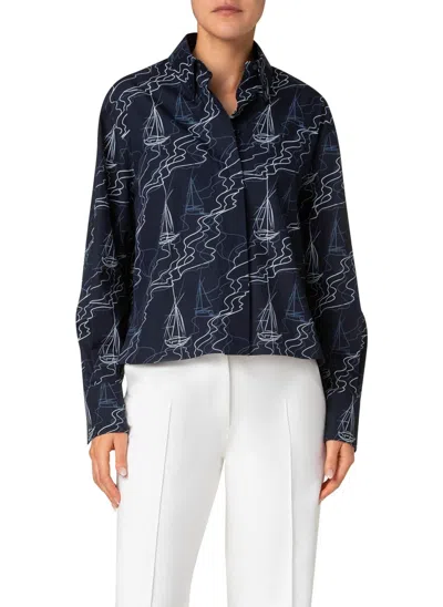 Akris Punto Sailboat Print Poplin Blouse In Navy-cream