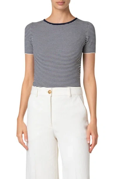 AKRIS PUNTO AKRIS PUNTO SAILOR STRIPE SHORT SLEEVE VIRGIN WOOL RIB SWEATER