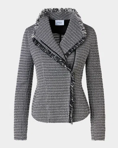 Akris Punto Salt And Pepper Tweed Fringed Moto Jacket In Multi