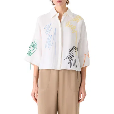 Akris Punto Scribble Embroidered Linen Button-up Shirt In White