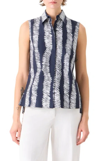 Akris Punto Scribble Wave Print Sleeveless Cotton Poplin Button-up Shirt In Blue