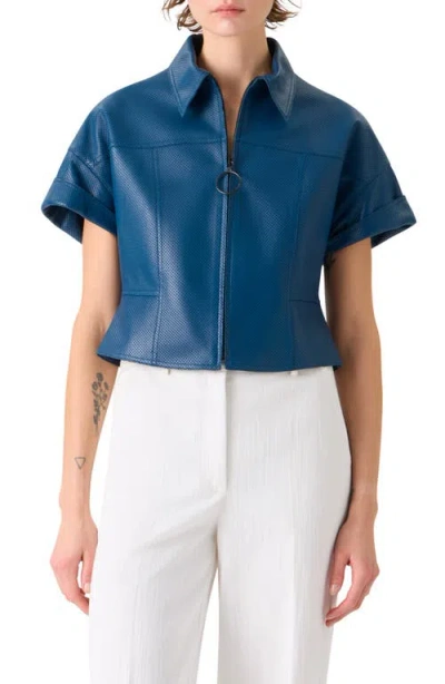 Akris Punto Short Sleeve Perforated Lambskin Leather Crop Jacket In Blue