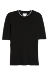Akris Punto Short Sleeve Virgin Wool Rib Sweater In Black-cream