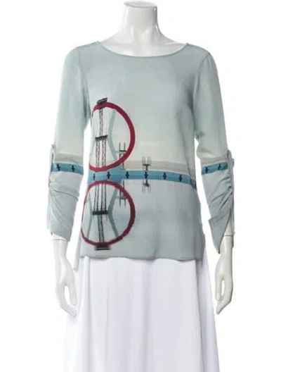 Pre-owned Akris Punto Silk Graphic Print Top In Blue