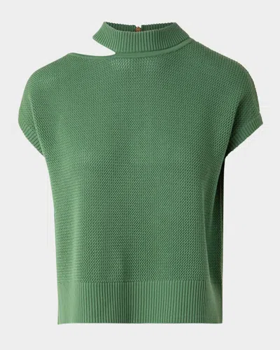 Akris Punto Slash Cutout Short-sleeve Cool Wool Mesh Knit Sweater In Laurel