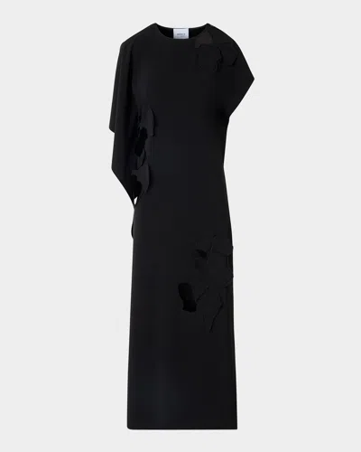 Akris Punto Sleeveless Asymmetric Draped Papercut Flower Crepe Midi Dress In Black