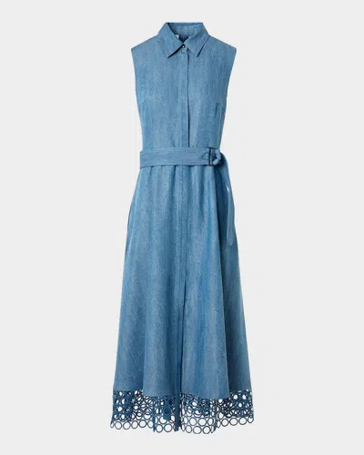 Akris Punto Sleeveless Dot Embroidered Denim Midi Shirtdress In Blue