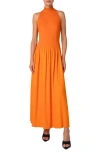 Akris Punto Mixed-media Jersey Halter Seersucker Pleated Skirt Dress In Orange
