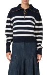 Akris Punto Stripe Maxi Collar Cotton Knit Sweater In Navy-cashew