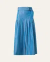 Akris Punto Pajama Stripe Belted Pleated Cotton Midi Skirt In Medium Blue-cream