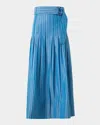 Akris Punto Pajama Stripe Belted Pleated Cotton Midi Skirt In Medium Blue-cream