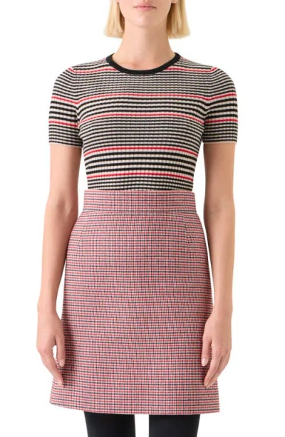 Akris Punto Stripe Short Sleeve Virgin Wool Rib Sweater In Black