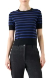 Akris Punto Stripe Short Sleeve Virgin Wool Sweater In Blue