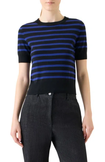Akris Punto Stripe Short Sleeve Virgin Wool Sweater In Blue