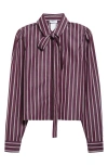 Akris Punto Stripe Tie Neck Cotton Poplin Button-up Shirt In Burgundy