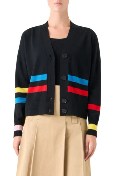 Akris Punto Stripe Virgin Wool Cardigan In Black