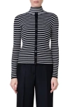Akris Punto Stripe Virgin Wool Rib Cardigan In Black/cream