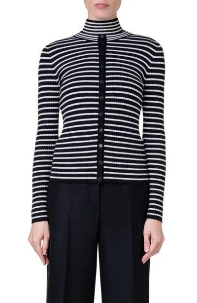 Akris Punto Stripe Virgin Wool Rib Cardigan In Black/cream