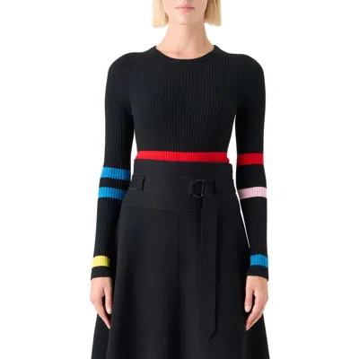 Akris Punto Stripe Virgin Wool Rib Sweater In Black