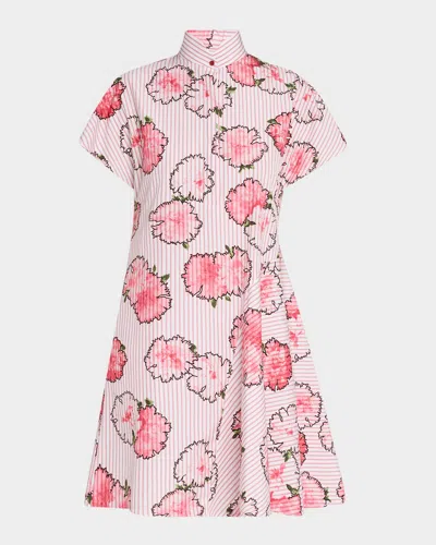 Akris Punto Striped Carnation-print Cotton Mini Shirtdress In Cream-pale Pink