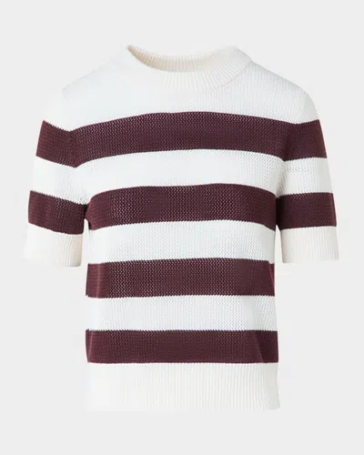 AKRIS PUNTO STRIPED COOL WOOL MESH KNIT SHORT-SLEEVE SWEATER