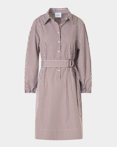 Akris Punto Striped Cotton Poplin Belted Balloon-sleeve Shirtdress In Brown