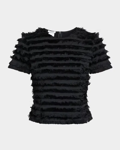 Akris Punto Striped Fringe Short-sleeve Fitted Top In Black