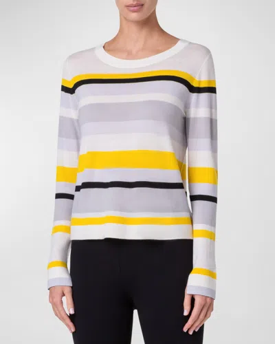 Akris Punto Striped Merino Cool Wool Long-sleeve Crewneck Sweater In Cream-tin-yellow
