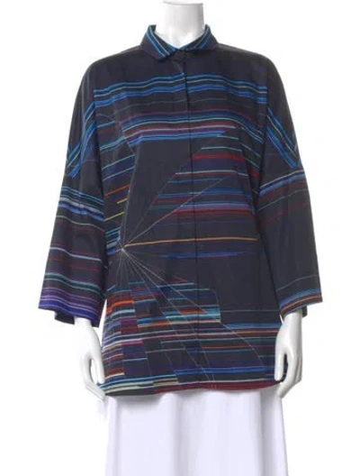 Pre-owned Akris Punto Striped Three-quarter Sleeve Blouse In Blue