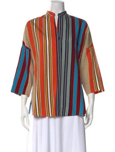 Pre-owned Akris Punto Striped Three-quarter Sleeve Blouse In Orange