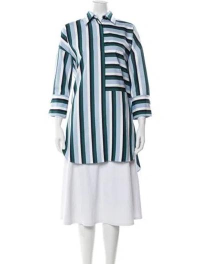 Pre-owned Akris Punto Striped Three-quarter Sleeve Button-up Top In Blue