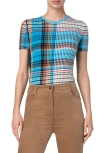 AKRIS PUNTO AKRIS PUNTO TARTAN SHORT SLEEVE WOOL RIB SWEATER