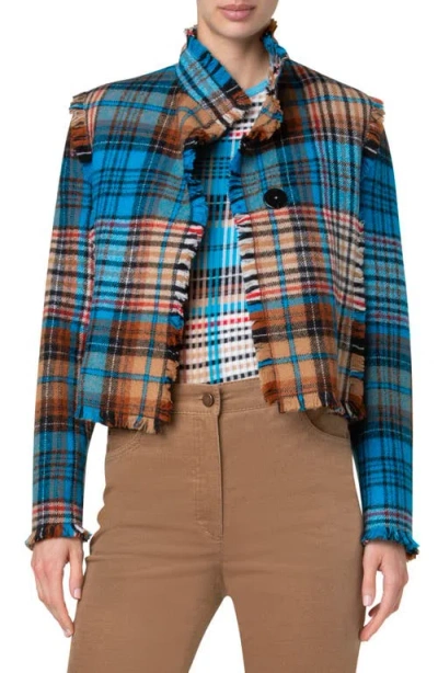 Akris Punto Tartan Wool Tweed Crop Jacket In Blue Multi