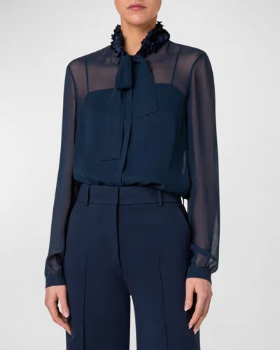 Akris Punto Techno Crepe Blouse With Lasercut Floral Details In Ink