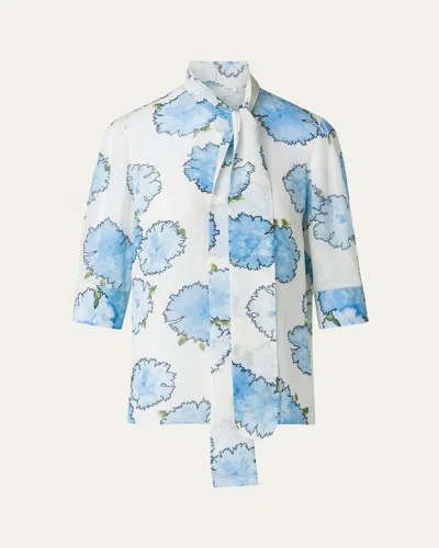 Akris Punto Tie-neck Carnation Print Silk Chiffon Blouse In Sky-multi
