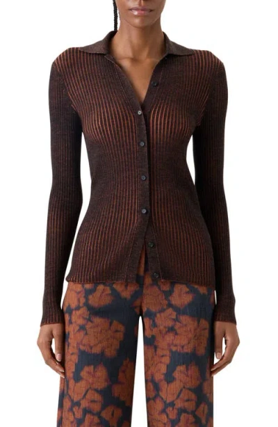 Akris Punto Two Tone Virgin Wool Rib Cardigan In Brown