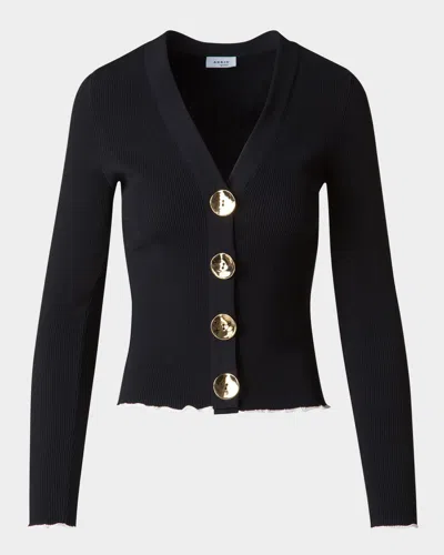 Akris Punto V-neck Viscose Stretch Rib Cardigan In Black-cream