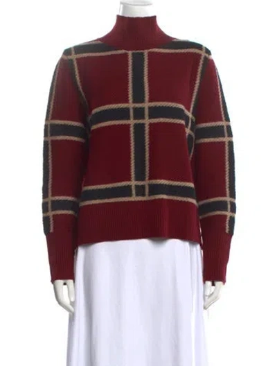 Pre-owned Akris Punto Virgin Wool Plaid Print Sweater W/ Tags In Burgundy