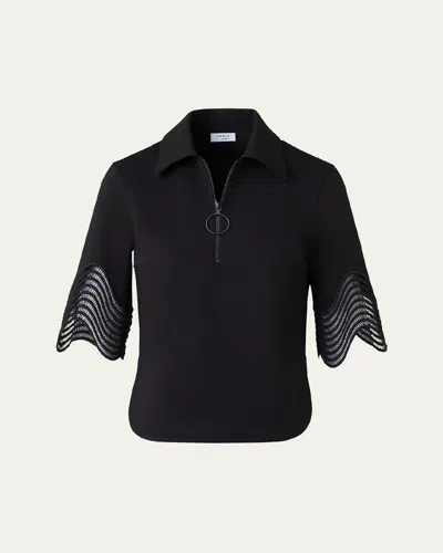 Akris Punto Waved Lace Borders Polo Jersey Shirt In Black