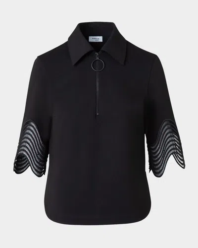 Akris Punto Waved Lace Borders Polo Jersey Shirt In Black