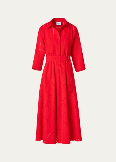 Akris Punto Window Check Organzino Belted Midi Dress In Red