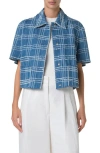 Akris Punto Fringed Check Denim Short-sleeve Shirt Jacket In Medium Blue Denim