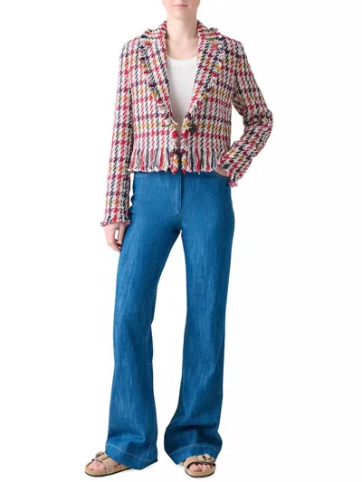 Akris Punto Women's Check Tweed Maxi Fringes Jacket In Cream Multi In Blue