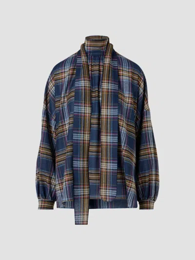 Akris Punto Women's Checked Wool-blend Blouse In Navy Multicolor