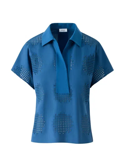 Akris Punto Women's Embroidered Eyelet Poplin Polo Shirt In Blue