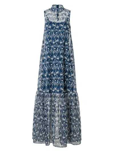 Akris Punto Scribble Embroidered Tulle Sleeveless Maxi Dress In Blue