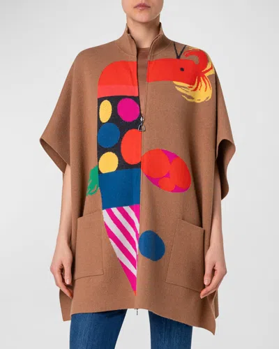 Akris Reversible Rooster Intarsia Cashmere Double-face Knit Cape In Vicuna-multicolor