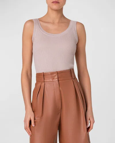 Akris Ribbed Knit Silk Tank Top With Knitted Lace Trim In Chai