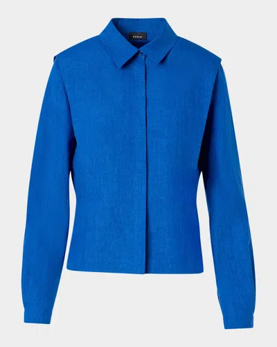 Akris Ruched Linen Button-down Blouse In Blue