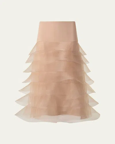 Akris Ruffle Tulle Midi Skirt In Cuoio